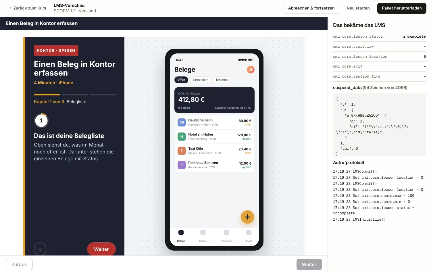 App simulation running in the LMS preview