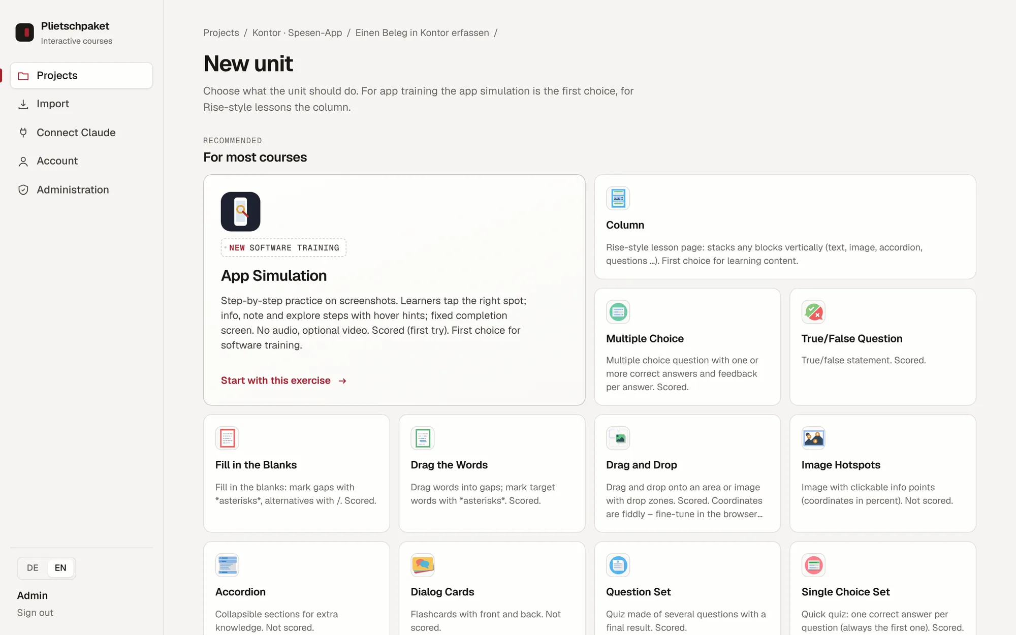 Content type picker in Plietschpaket