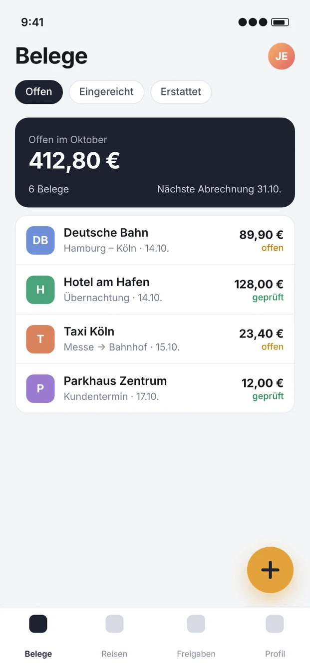 Übungsbildschirm der fiktiven Spesen-App Kontor