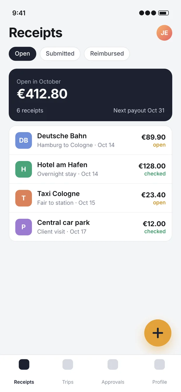 Practice screen of the fictional expense app Kontor